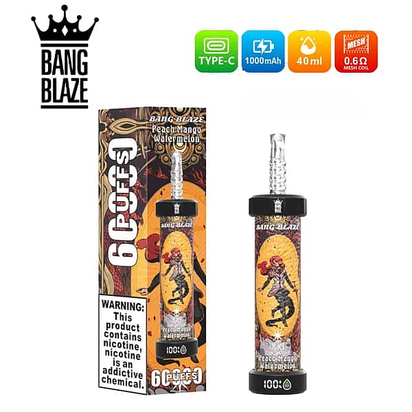 Bang Blaze 60000 60K Puffs Peach Mango Watermelon disposable vape, Type-C rechargeable 1000mAh battery, 40ml e-liquid, 0.6&Omega; mesh coil, LED battery indicator, retail box.