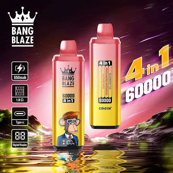 Bang Blaze 60000 Puffs 4-in-1 disposable vape with Blueberry Ice, Peach Mango Watermelon, Passion Kiss, and Melon Apple; 650mAh Type-C rechargeable battery, 1.0&Omega; mesh coil, smart digital display.