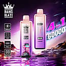 Bang Blaze 60000 Puffs 4-in-1 disposable vape with Blueberry Raspberry, Grape Ice, Berry Ice, and Aloe Mango Melon; 650mAh Type-C rechargeable, 1.0&Omega; mesh coil, smart digital display.