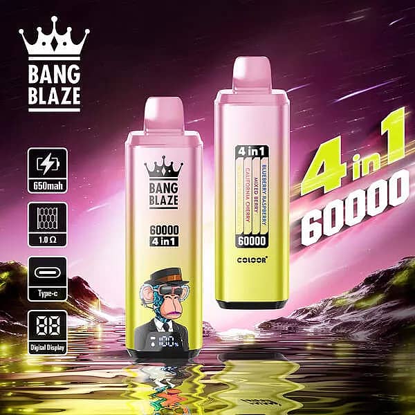 Bang Blaze 60000 Puffs 4-in-1 disposable vape with Blueberry Raspberry, Mixed Berry, California Cherry, and Passion Fruit Mango; 650mAh Type-C rechargeable battery, 1.0&Omega; mesh coil, smart digital display.