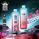 Bang Blaze 60000 Puffs 4-in-1 disposable vape with Energy Drink, Strawberry Banana, Mango Peach Apricot, and Passion Fruit Kiwi Lime flavors; 650mAh Type-C rechargeable, 1.0&Omega; mesh coil, digital display.