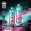 Bang Blaze 60000 Puffs 4-in-1 disposable vape with Strawberry Mango, Watermelon Bubble Gum, Red Mojito, and Love 66 flavors; 650mAh Type-C rechargeable, 1.0&Omega; mesh coil, digital display.