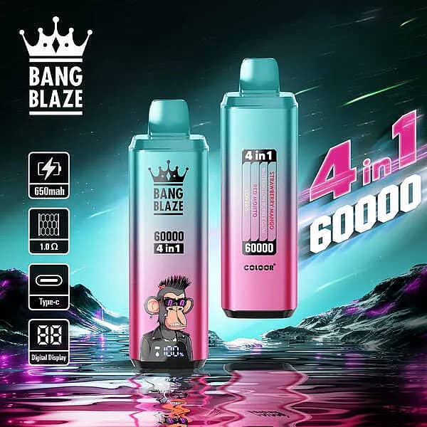 Bang Blaze 60000 Puffs 4-in-1 disposable vape with Strawberry Mango, Watermelon Bubble Gum, Red Mojito, and Love 66 flavors; 650mAh Type-C rechargeable, 1.0&Omega; mesh coil, digital display.