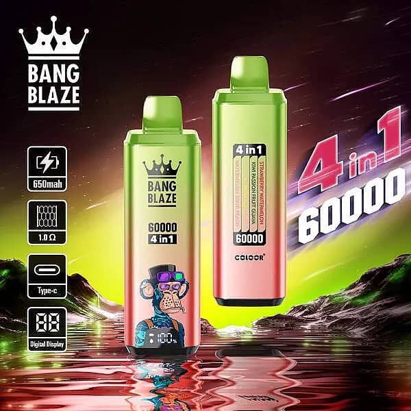Bang Blaze 60000 Puffs 4-in-1 disposable vape with Strawberry Watermelon, Kiwi Passion Fruit Guava, Mango Ice, and Watermelon Sour Peach; 650mAh Type-C rechargeable, 1.0&Omega; mesh coil, digital display.