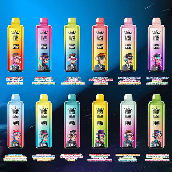 Bang Blaze 60000 Puffs Desc Bang Blaze 60000 Puffs 4-In-1 Disposable Vape Lineup — 12 Flavor Combinations With Flavor Switch; Type-C Rechargeable 650Mah, 1.0Ω Mesh Coil, Digital Display.