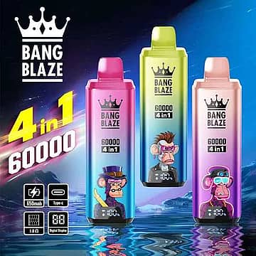 Bang Blaze 60000 Puffs 4-in-1 disposable vape with 650mAh Type-C rechargeable battery, 1.0Ω mesh coil, and smart digital display.