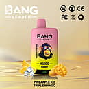Bang Leader 45000 puffs dual-flavor disposable vape, pink-yellow gradient body with battery-percentage screen; flavors Pineapple Ice and Triple Mango.
