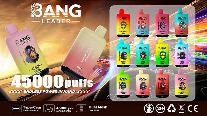 Bang Leader 45000 Puffs Dual Flavors Desc Bang Leader 45000 Puffs Dual Flavors Disposable Vape Banner Featuring Type-C Charging, Dual-Mesh Coil, Battery-Percent Display, And Multiple Flavor Options.