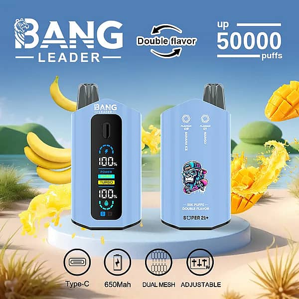 Jednorazowy waporyzator Bang Leader 50000 Puffs o dwóch smakach w jasnoniebieskim kolorze z inteligentnym wyświetlaczem; akumulator typu C o pojemności 650 mAh, regulowana moc, cewka o podwójnych oczkach; pokazano smaki Banana Ice i Mango.