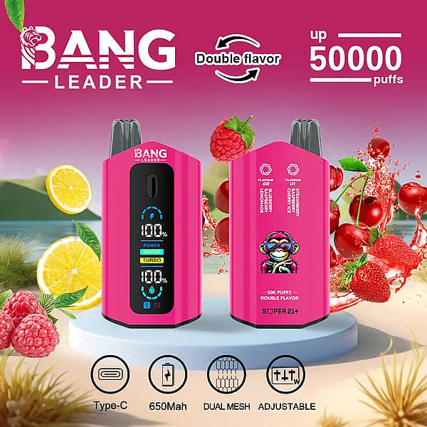 Jednorazowy waporyzator Bang Leader 50000 Puffs o dwóch smakach w kolorze gorącego różu z inteligentnym ekranem; akumulator typu C o pojemności 650 mAh, regulowana moc, cewka o podwójnych oczkach; smaki Blueberry Raspberry Lemonade i Strawberry Raspberry Cherry Ice z owocowym pluskiem.