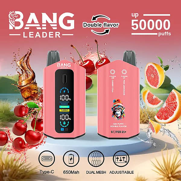 Jednorazowy waporyzator Bang Leader 50000 Puffs o dwóch smakach w kolorze różowym z inteligentnym ekranem; akumulator typu C o pojemności 650 mAh, regulowana moc, cewka o podwójnych oczkach; smaki Cherry Cola i Pink Lemonade.