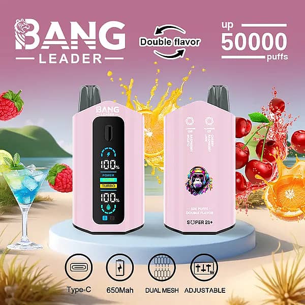 Jednorazowy waporyzator Bang Leader 50000 Puffs o dwóch smakach w kolorze różowym z inteligentnym ekranem; akumulator 650 mAh typu C, regulowana moc, cewka o podwójnych oczkach; smaki Raspberry Mojito i Cherry Raspberry Lime.