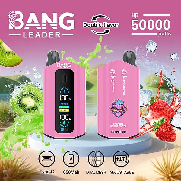 Bang Leader 50000 Puffs różowy jednorazowy waporyzator o dwóch smakach z inteligentnym wyświetlaczem; akumulator 650 mAh typu C, regulowana moc, cewka o podwójnych oczkach; smaki Strawberry Kiwi i Strawberry Ice z owocowymi plamami.
