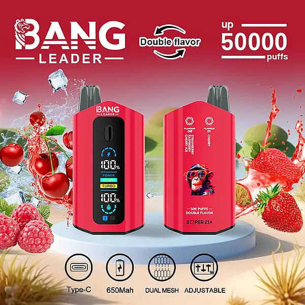 Bang Leader 50000 Puffs czerwony jednorazowy waporyzator o dwóch smakach z inteligentnym wyświetlaczem; akumulator 650 mAh typu C, regulowana moc, cewka o podwójnych oczkach; smaki Strawberry Raspberry Cherry Ice i Cherry z plamami owoców i lodu.