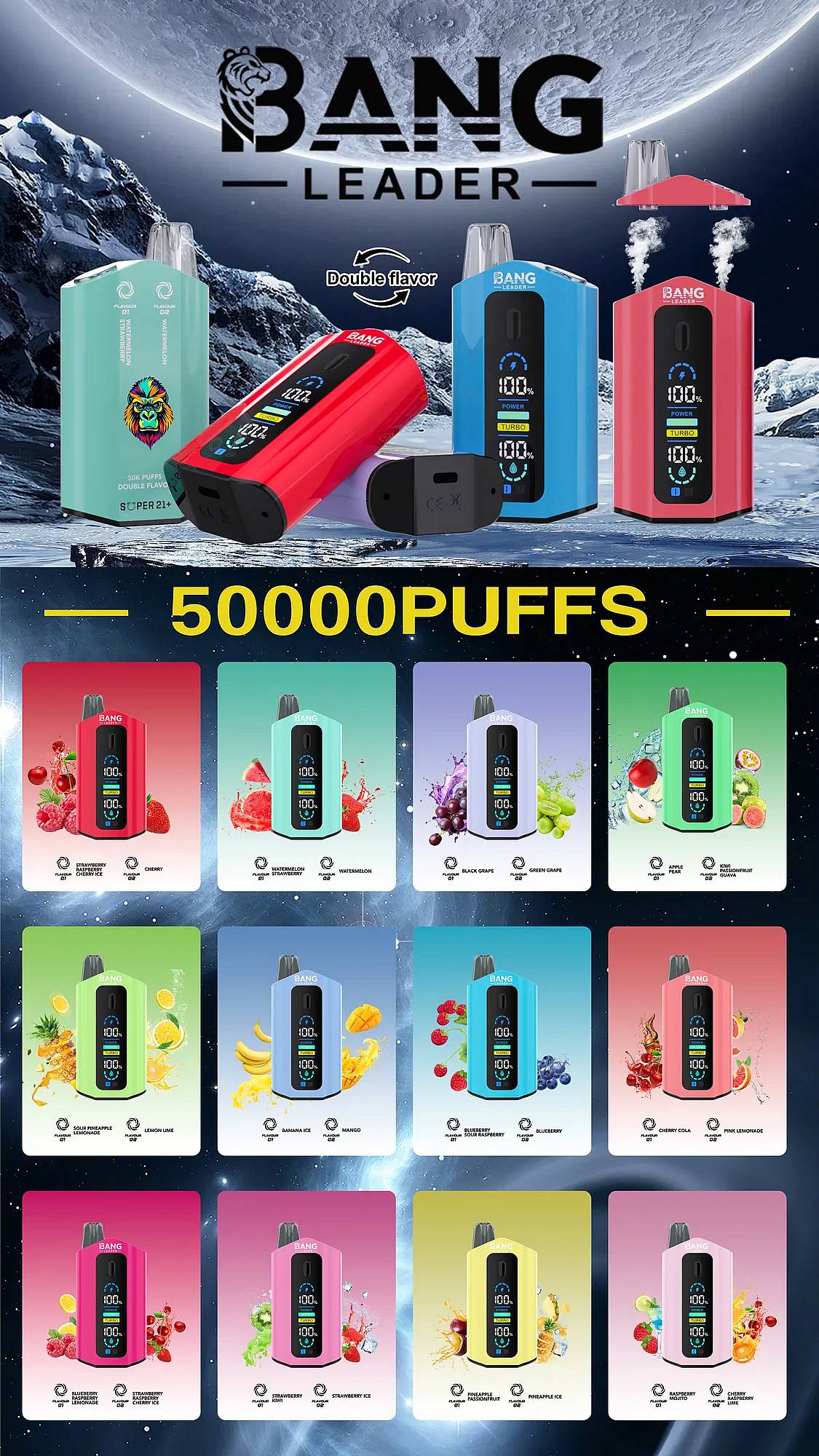 Jednorazowy waporyzator Bang Leader 50000 Puffs o dwóch smakach z inteligentnym wyświetlaczem, regulowaną mocą, cewką o podwójnych oczkach i baterią typu C 650 mAh; kolaż przedstawia wiele kolorowych urządzeń i różne smaki owoców.