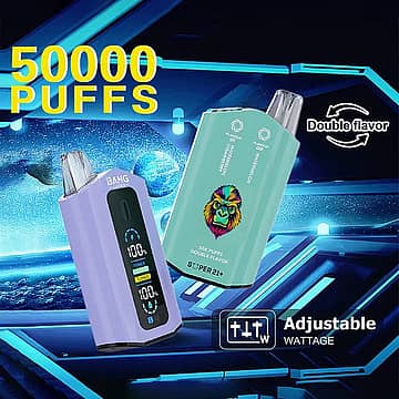 Bang Leader 50000 Puffs dual-flavor wegwerp vape met instelbaar wattage en slim scherm; twee kleuren apparaten (paars en groenblauw) afgebeeld.