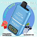 Fizzy Twins 50000 Puffs Strawberry Watermelon & Blueberry Ice dual-tank disposable vape with flavor switch, LCD screen, 1.0 &Omega; mesh coil, 850 mAh Type-C rechargeable.