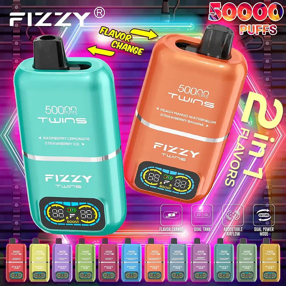 Fizzy Twins 50000 Puffs dual-tank disposable vape banner showing 2-in-1 flavors with instant flavor change, smart LCD screen, adjustable airflow, and dual power (Normal/Boost); multiple color/flavor options displayed.