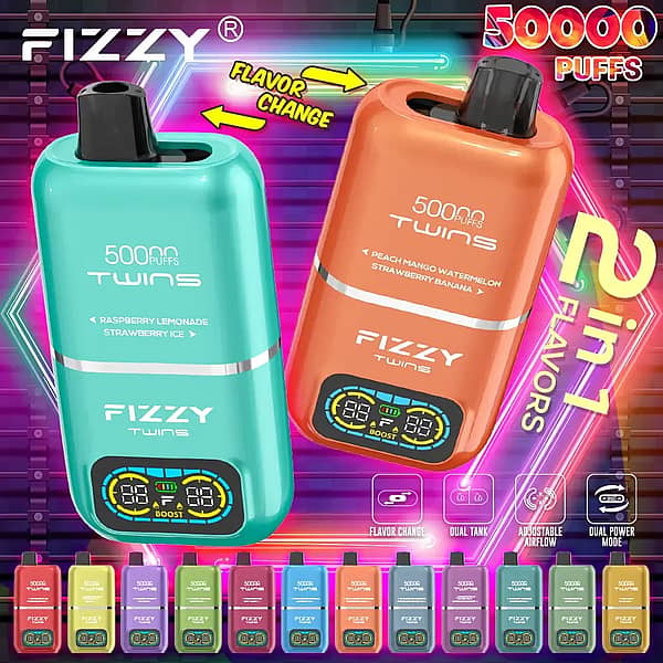 Fizzy Twins 50.000 Züge – Beschreibung Banner für den Einweg-Vape „Fizzy Twins“ mit 50.000 Zügen und zwei Tanks, der 2-in-1-Aromen mit sofortigem Aromawechsel, einem intelligenten LCD-Bildschirm, einstellbarem Luftstrom und zwei Leistungsstufen (Normal/Boost) präsentiert; verschiedene Farb- und Aromavarianten werden angezeigt.