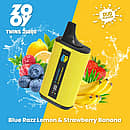 ZOOY TWINS 35000 Puffs dual-flavor disposable vape in yellow, Blue Razz Lemon & Strawberry Banana, smart screen, dual mesh coil, 650mAh.