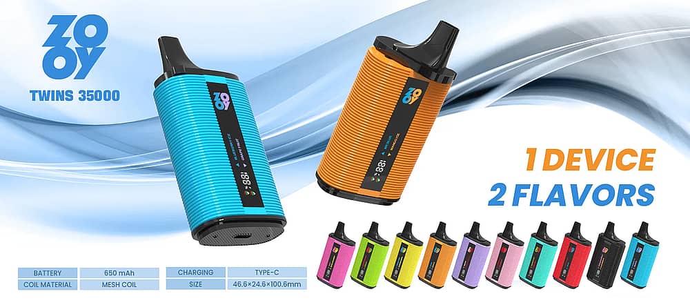 Zooy Twins 35000 35K Puffs Einweg-Vape – Das ultimative Gerät mit zwei Geschmacksrichtungen – Beschreibung Zooy Twins 35000 (35K Puffs) Einweg-E-Zigarette mit Smart-Screen, Dual-Mesh-Spule, 650 mAh und Typ-C-Anschluss – ein Gerät, zwei Geschmacksrichtungen.