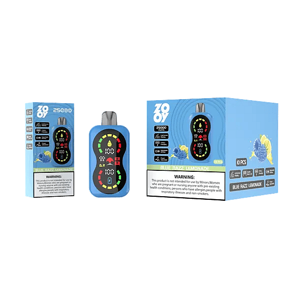 Zooy Blaze 25000 25K Puffs Blue Razz Lemonade disposable vape with smart full-screen display, dual mesh coil, adjustable airflow and power, Type-C charging; device, single box, and 10-pack master carton on blue.