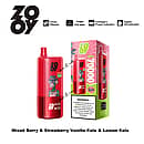 ZOOY Triple 70000 Puffs 3-i-1 engångsvape i rött med detaljhandelslåda-Mixed Berry, Strawberry Vanilla Cola, Lemon Cola; trippel 0,9Ω-spole med smarta indikatorer för ström / olja.