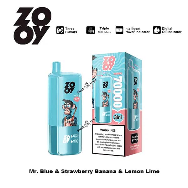 ZOOY Triple 70000 Puffs 3-i-1 engångsvape i blått med detaljhandelslåda-smaker Mr Blue, Strawberry Banana och Lemon Lime; trippel 0,9Ω mesh-spole med smarta ström- och oljeindikatorer.