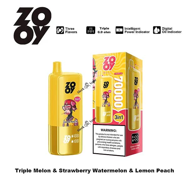 ZOOY Triple 70000 Puffs 3-i-1 engångs vape i gult med detaljhandelslåda - Triple Melon, Strawberry Watermelon och Lemon Peach smaker; trippel 0,9Ω mesh coil, intelligent strömindikator och digital oljeindikator.