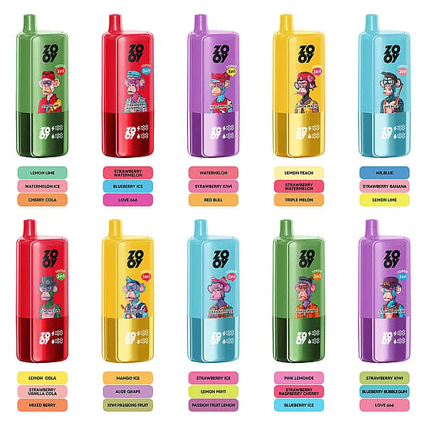 Zooy Triple 70000 70K trekjes 3-in-1 smaken wegwerpvape Beschrijving Zooy Triple 70000 70K Puffs 3-in-1-smaken: assortiment wegwerpvapes — Raster met 10 gekleurde apparaten waarop smaakcombinaties en pictogrammen worden weergegeven.