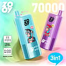 ZOOY Triple 70000 Puffs 3-i-1 engångsvape med roterande smakomkopplare, smart displayskärm och trippel 0,9Ω-spole - blå och lila enheter.