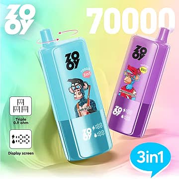 ZOOY Triple 70000 Puffs 3-in-1 disposable vape with rotating flavor switch, smart display screen, and triple 0.9&Omega; coil&mdash;blue and purple devices.
