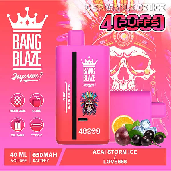 Bang Blaze 40000 Puffs disposable vape &ndash; Acai Storm Ice (LOVE666) with 40ml e-liquid, 650mAh USB-C rechargeable battery, and mesh coil