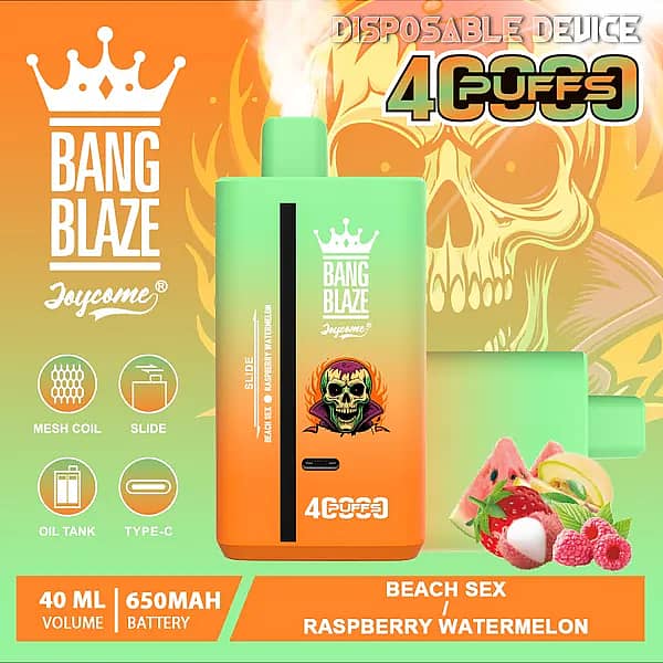 Bang Blaze 40000 Puffs disposable vape &ndash; Raspberry Watermelon (Beach Sex) with 40ml e-liquid, 650mAh USB-C rechargeable battery, and mesh coil