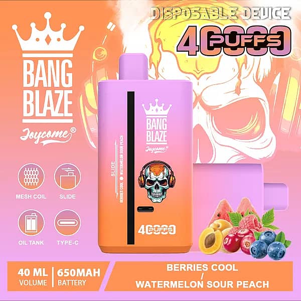 Bang Blaze 40000 Puffs disposable vape &ndash; Watermelon Sour Peach (Berries Cool) with 40ml e-liquid, 650mAh USB-C rechargeable battery, and mesh coil
