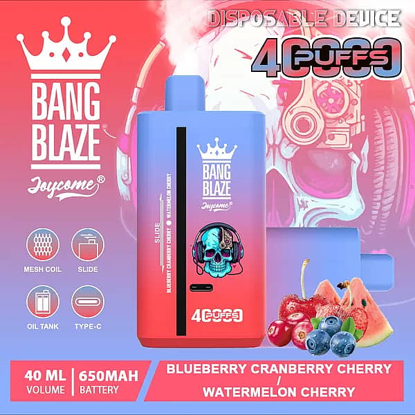 Bang Blaze 40000 Puffs disposable vape &ndash; Blueberry Cranberry Cherry / Watermelon Cherry with 40ml e-liquid, 650mAh USB-C rechargeable battery, and mesh coil