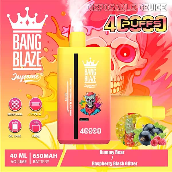 Bang Blaze 40000 Puffs disposable vape &ndash; Gummy Bear / Raspberry Black Glitter with 40ml e-liquid, 650mAh USB-C rechargeable battery, and mesh coil