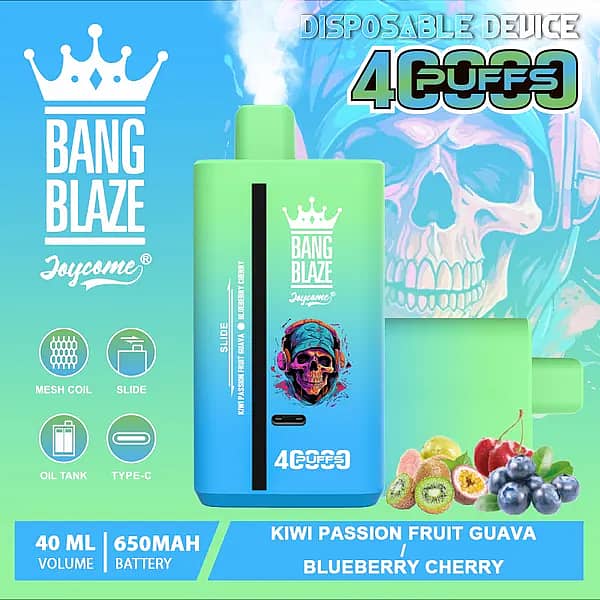 Bang Blaze 40000 Puffs disposable vape &ndash; Kiwi Passion Fruit Guava / Blueberry Cherry with 40ml e-liquid, 650mAh USB-C rechargeable battery, and mesh coil