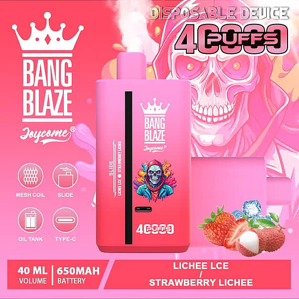 Bang Blaze 40000 Puffs disposable vape &ndash; Lychee Ice / Strawberry Lychee with 40ml e-liquid, 650mAh USB-C rechargeable battery, and mesh coil