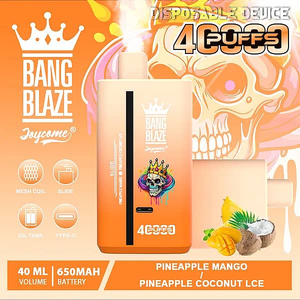 Bang Blaze 40000 Puffs disposable vape &ndash; Pineapple Mango / Pineapple Coconut Ice with 40ml e-liquid, 650mAh USB-C rechargeable battery, and mesh coil