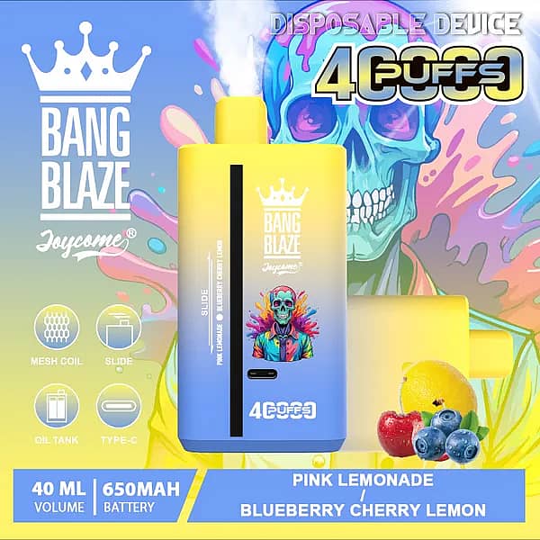 Bang Blaze 40000 Puffs disposable vape &ndash; Pink Lemonade / Blueberry Cherry Lemon with 40ml e-liquid, 650mAh USB-C rechargeable battery, and mesh coil
