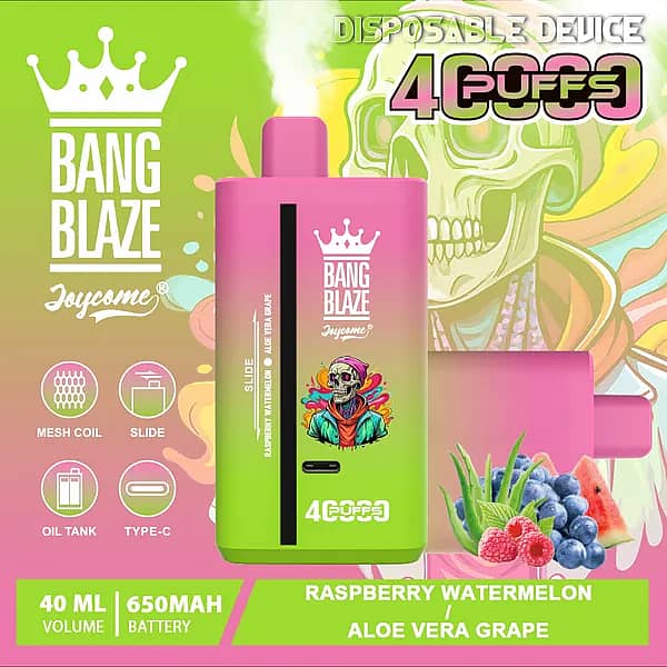 Bang Blaze 40000 Puffs disposable vape &ndash; Raspberry Watermelon / Aloe Vera Grape with 40ml e-liquid, 650mAh USB-C rechargeable battery, and mesh coil