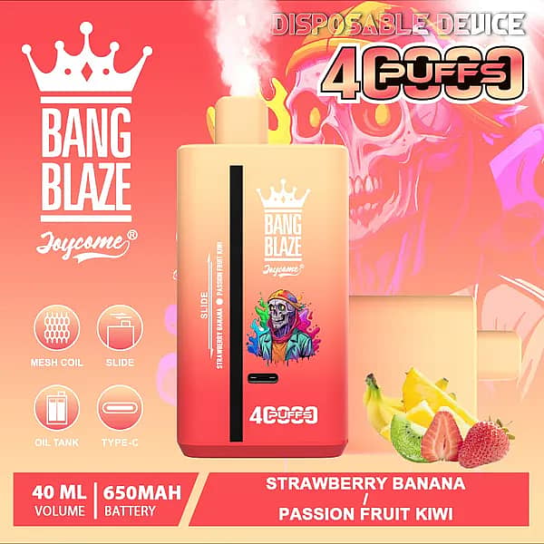 Bang Blaze 40000 Puffs disposable vape &ndash; Strawberry Banana / Passion Fruit Kiwi with 40ml e-liquid, 650mAh USB-C rechargeable battery, and mesh coil