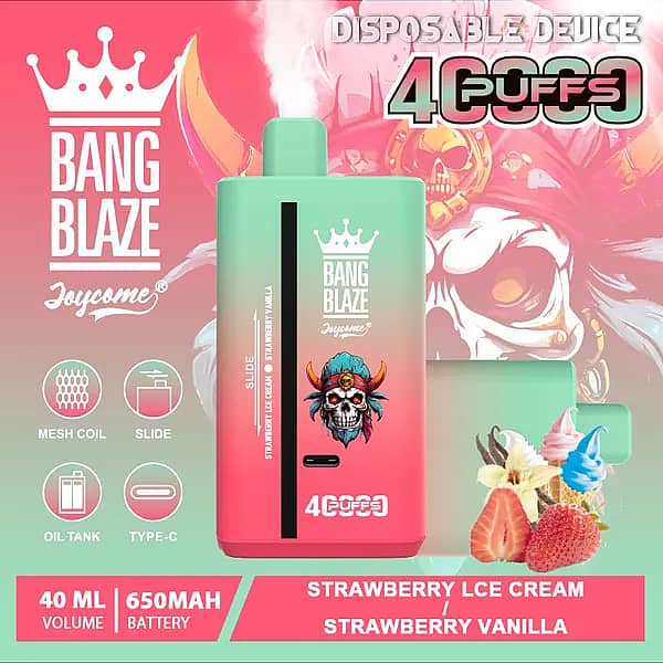 Bang Blaze 40000 Puffs disposable vape &ndash; Strawberry Ice Cream / Strawberry Vanilla with 40ml e-liquid, 650mAh USB-C rechargeable battery, and mesh coil
