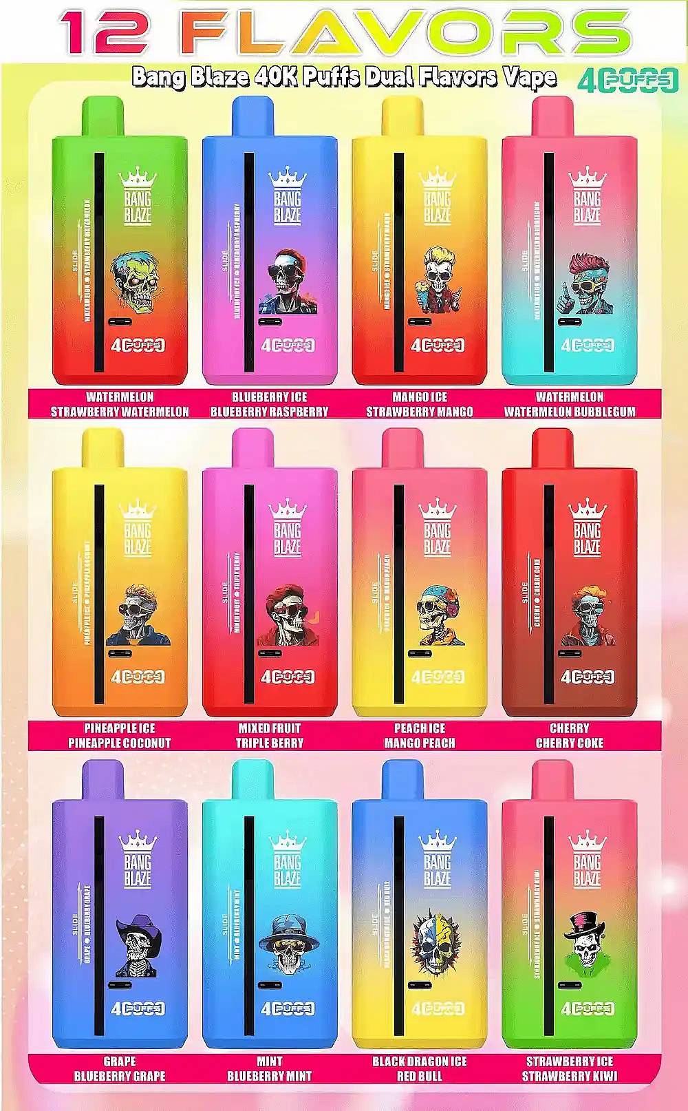 Bang Blaze 40000 Puffs dual flavors disposable vape &ndash; 12 flavor lineup chart for 40K Puffs with USB-C rechargeable design