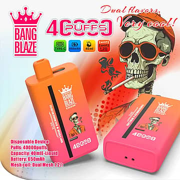 Bang Blaze 40000 Puffs disposable vape with dual flavor design, USB-C rechargeable 650mAh battery, and 40ml e-liquid capacity