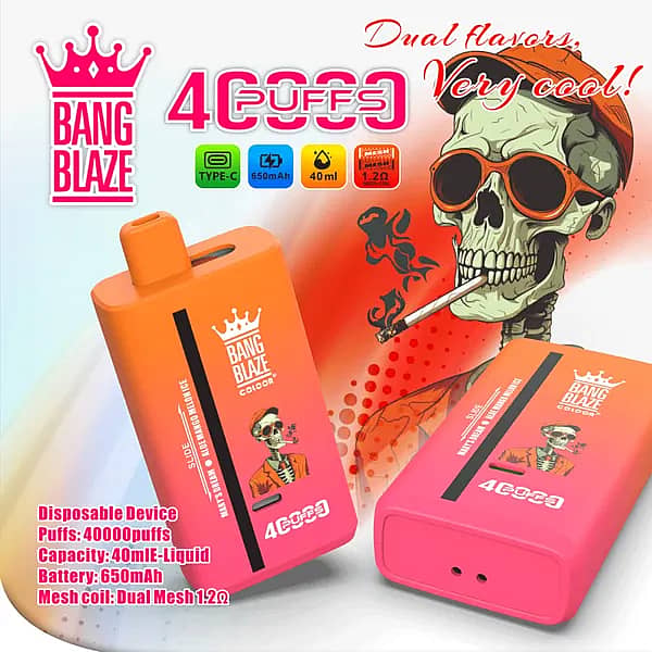 Bang Blaze 40000 Puffs disposable vape with dual flavor design, USB-C rechargeable 650mAh battery, and 40ml e-liquid capacity