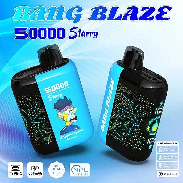 Bang Blaze 50000 Puffs Starry 50K Blueberry Ice disposable vape, dual-view product image showing the device design and LED-style screen, with Type-C charging, 550mAh battery, dual mesh, and VPU inside