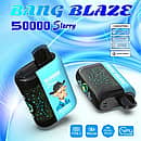 Bang Blaze 50000 Puffs Starry 50K Blueberry Raspberry disposable vape, dual-angle product image highlighting Type-C charging, 550mAh battery, dual mesh, and VPU inside