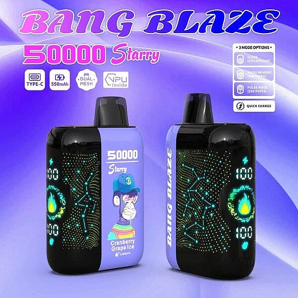 Bang Blaze 50000 Puffs Starry 50K Cranberry Grape Ice disposable vape, front and back view showing LED-style display, Type-C charging, 550mAh battery, dual mesh, and VPU inside